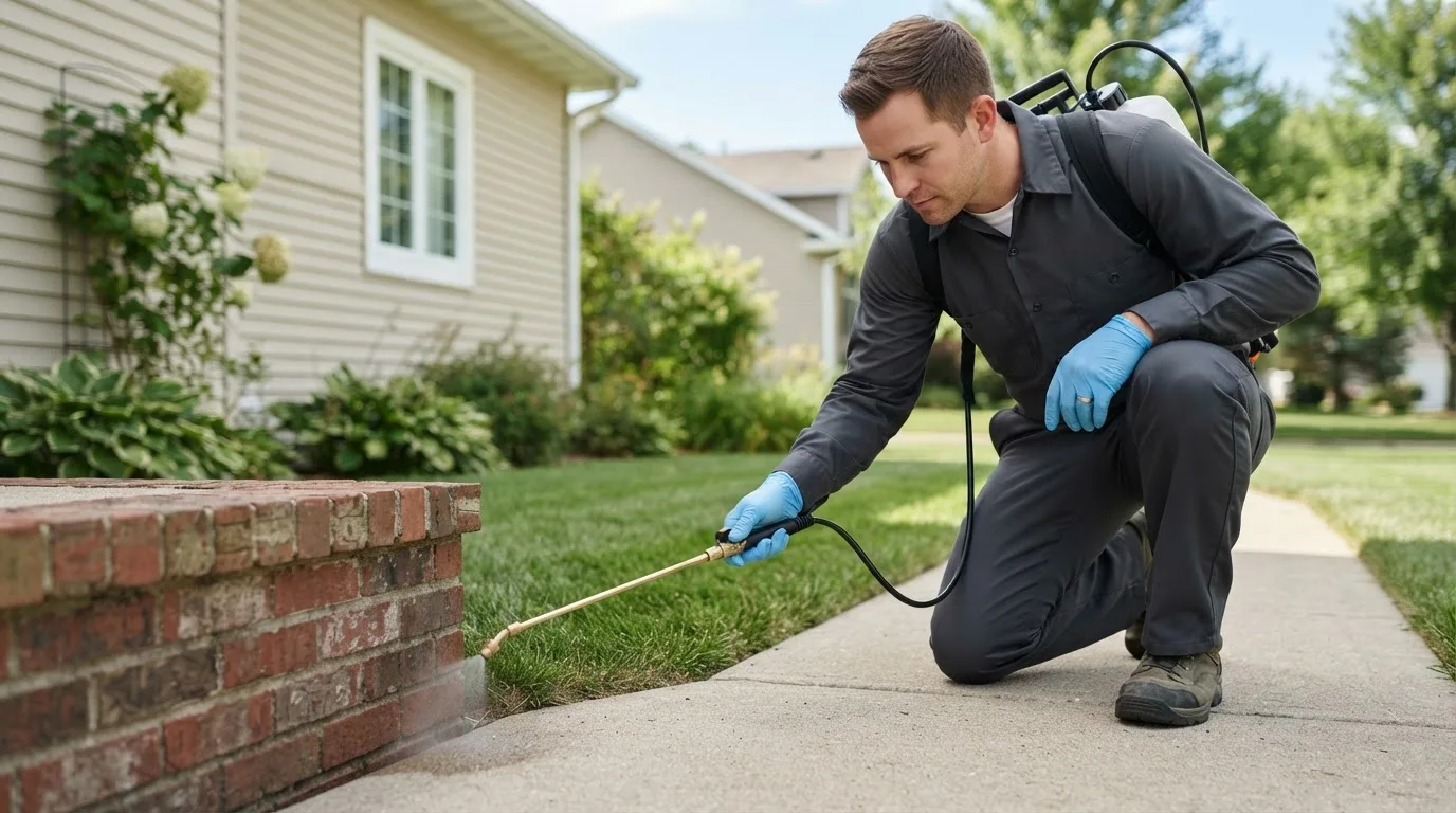 Pest control technician treating a home near Lindsay, TX